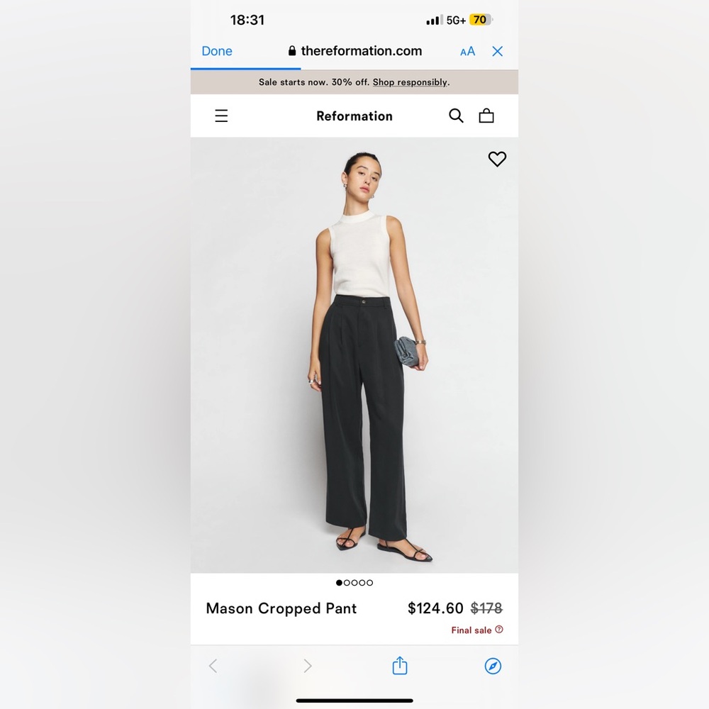 Reformation black Mason Cropped Pant size 4 - never worn